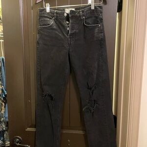 Free People Black Distressed Straight Leg Jeans
